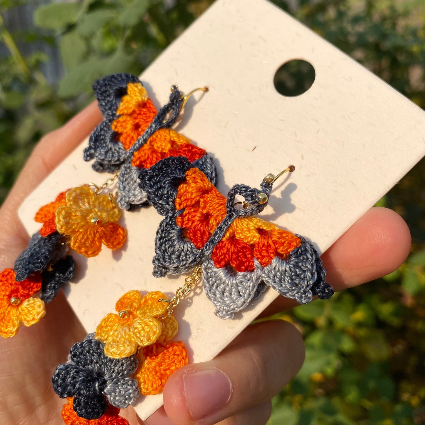 Orange and gray shades ombre Butterfly with flower cluster crochet dangle earrings/Microcrochet/gift for her/Knitting handmade jewelry