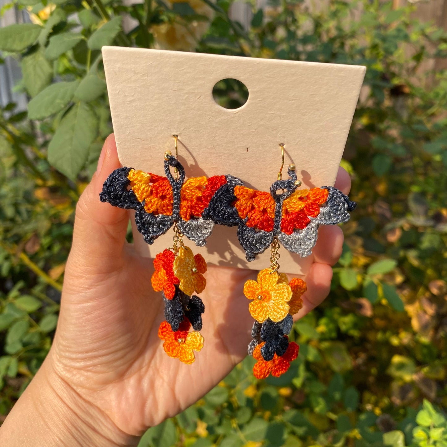 Orange and gray shades ombre Butterfly with flower cluster crochet dangle earrings/Microcrochet/gift for her/Knitting handmade jewelry