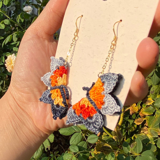 Load image into Gallery viewer, Orange and gray shades ombre Butterfly crochet dangle earrings/Microcrochet/gift for her/Knitting handmade jewelry/Butterfly garden present
