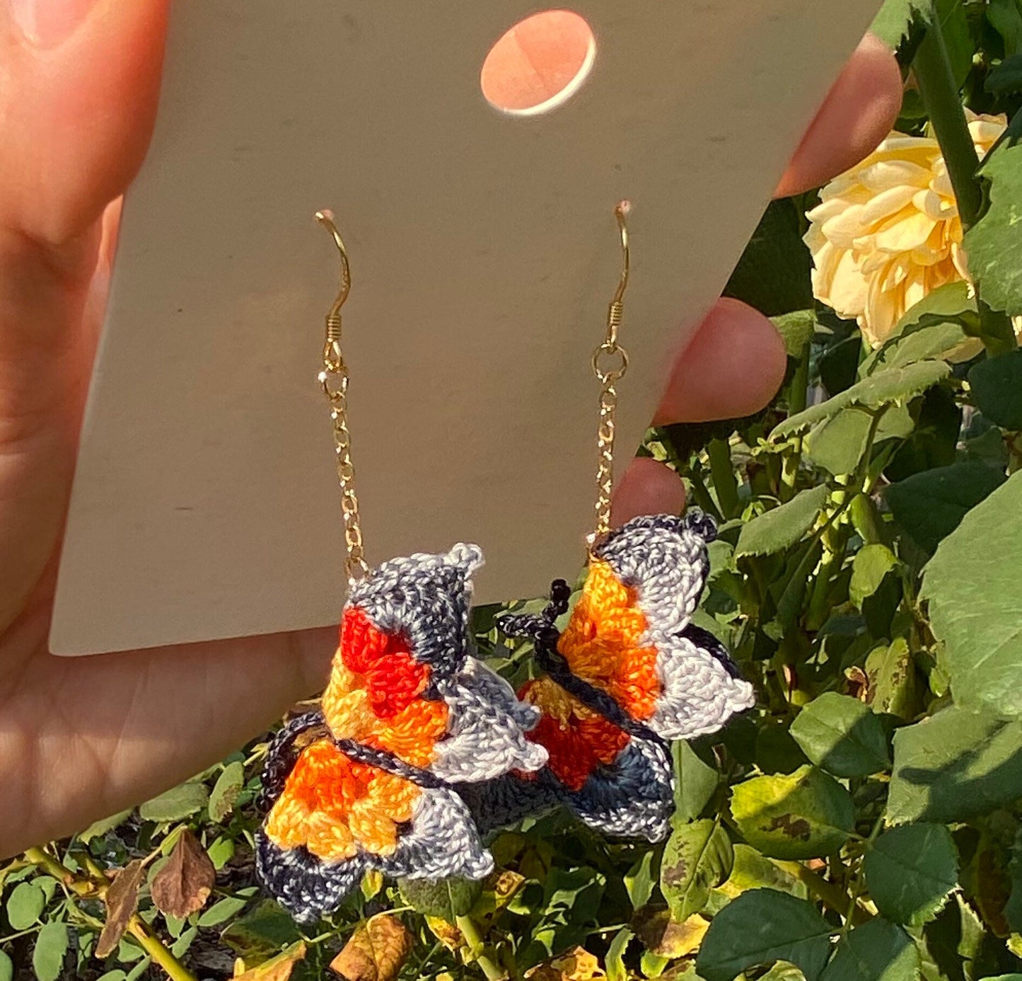 Load image into Gallery viewer, Orange and gray shades ombre Butterfly crochet dangle earrings/Microcrochet/gift for her/Knitting handmade jewelry/Butterfly garden present
