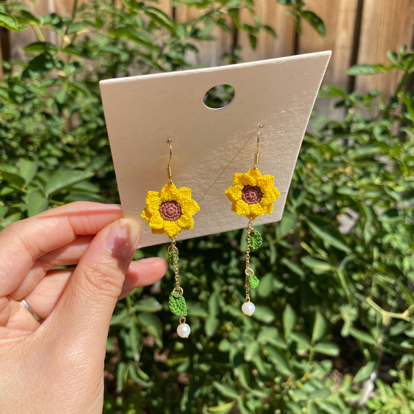 Load image into Gallery viewer, Yellow Sunflower dangle earrings/Microcrochet/14k gold/fall flower gift for her/Knitting handmade jewelry/Ship from US
