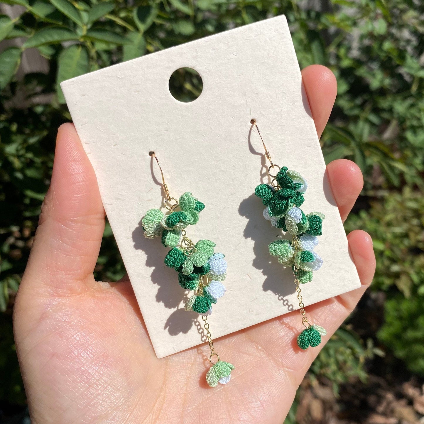 Green Ombre flower cluster crochet dangle earrings/Microcrochet/14k gold/gift for her/Knitting handmade jewelry