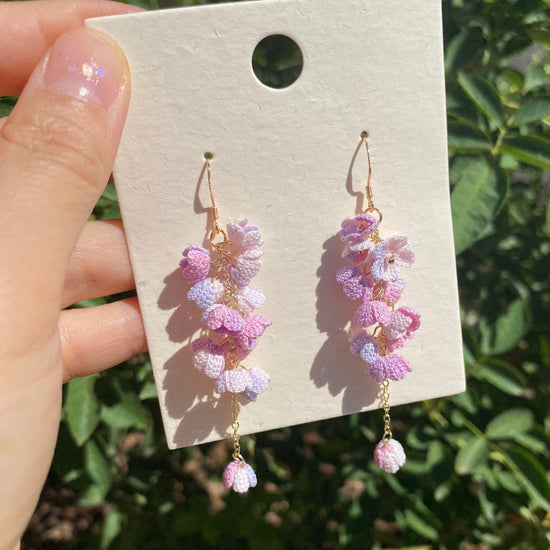 Purple Pink Ombre flower cluster crochet dangle earrings/Microcrochet/14k gold/gift for her/Knitting handmade jewelry
