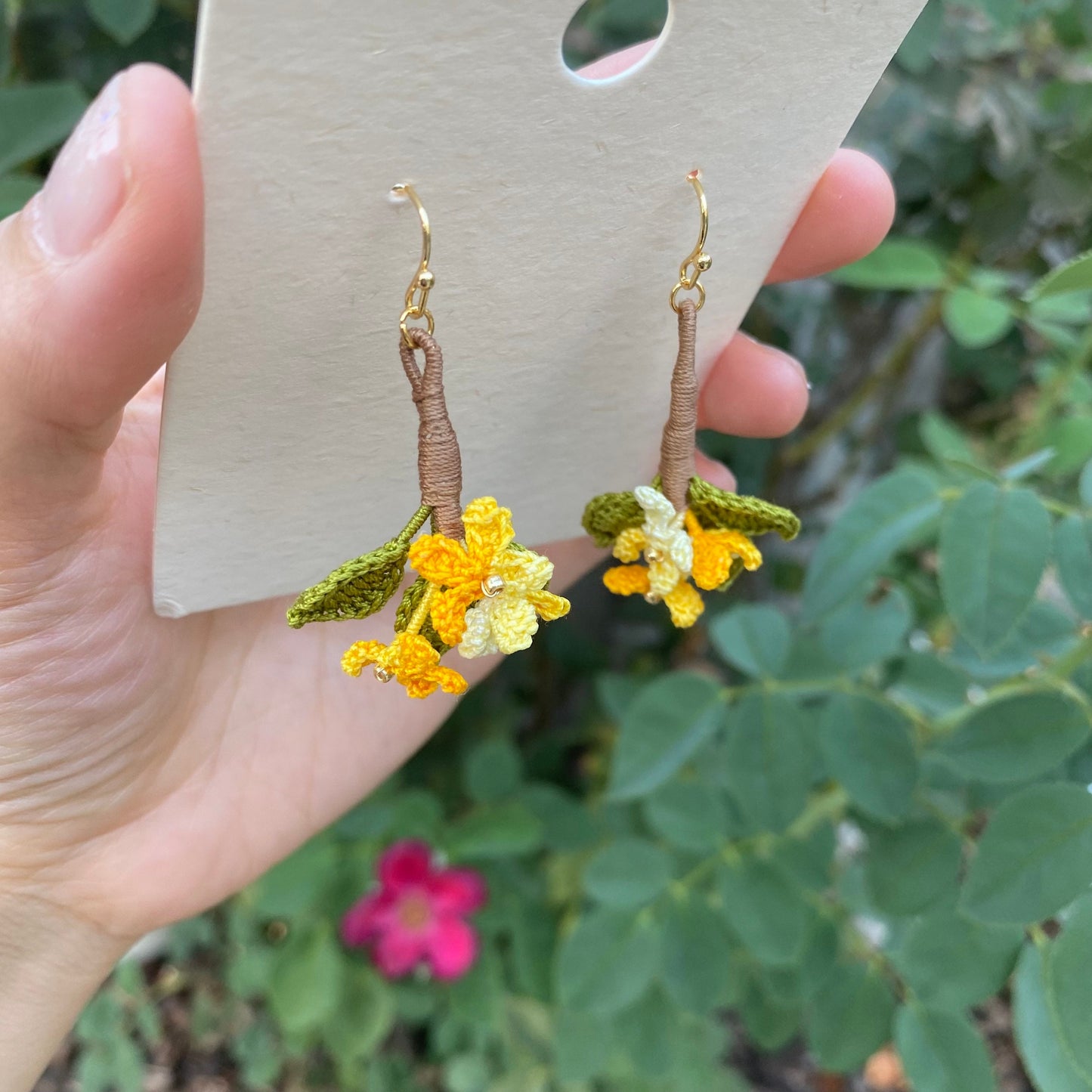 Yellow Osmanthus crochet earrings/Microcrochet/Handmade dangle earrings/Special Jewelry for her/Knitted flower accessories/fragrant olive