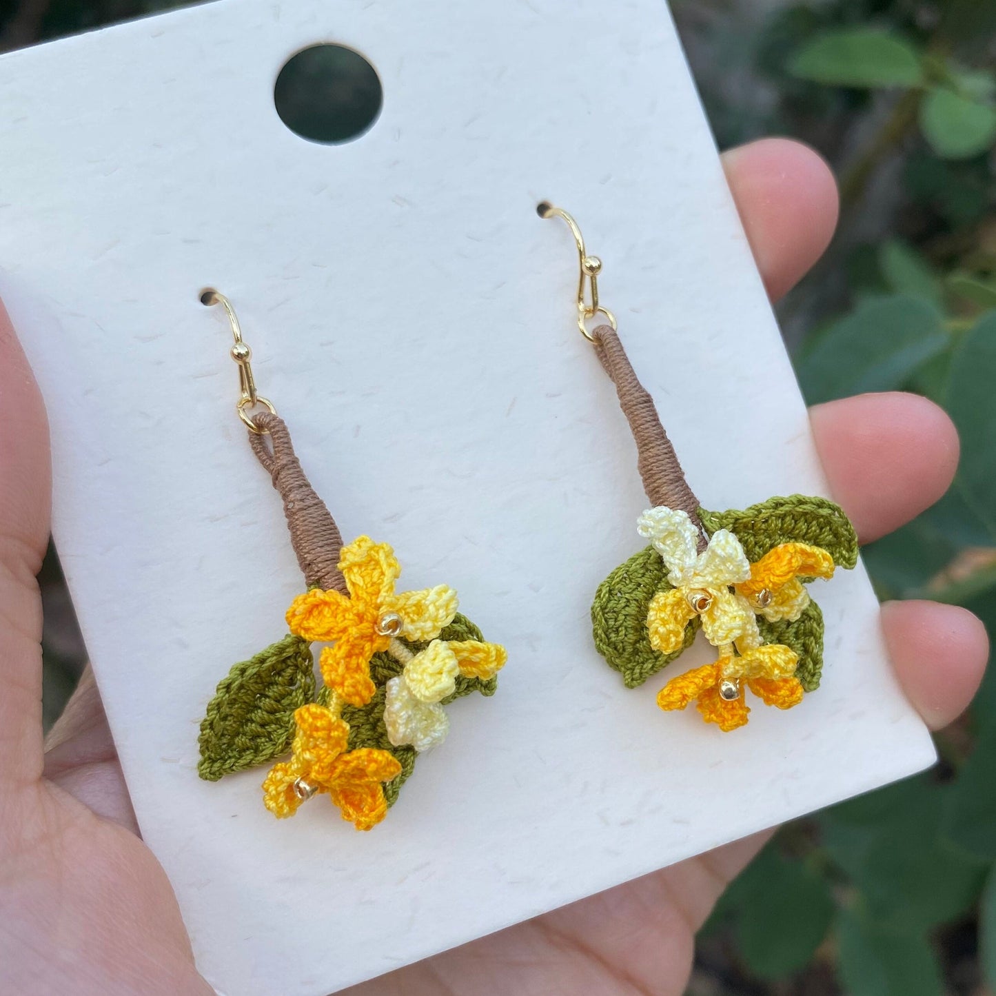 Load image into Gallery viewer, Yellow Osmanthus crochet earrings/Microcrochet/Handmade dangle earrings/Special Jewelry for her/Knitted flower accessories/fragrant olive
