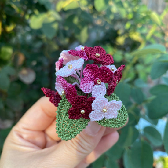 Red and pink hydrangea flower crochet brooch/Micro crochet /Handmade embroidery jewelry/gift for her birthday wedding anniversary