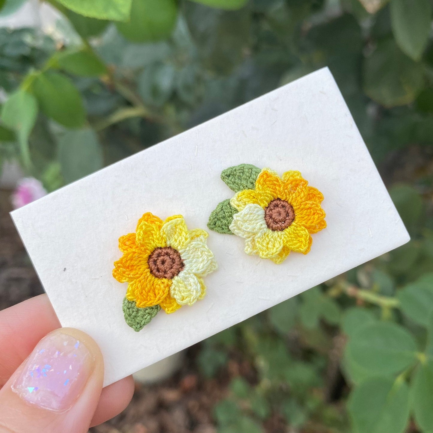 Yellow Sunflower with leaves Studs/Microcrochet/14k gold earrings/fall flower gift for her/Knitting handmade jewelry/Asymmetrical