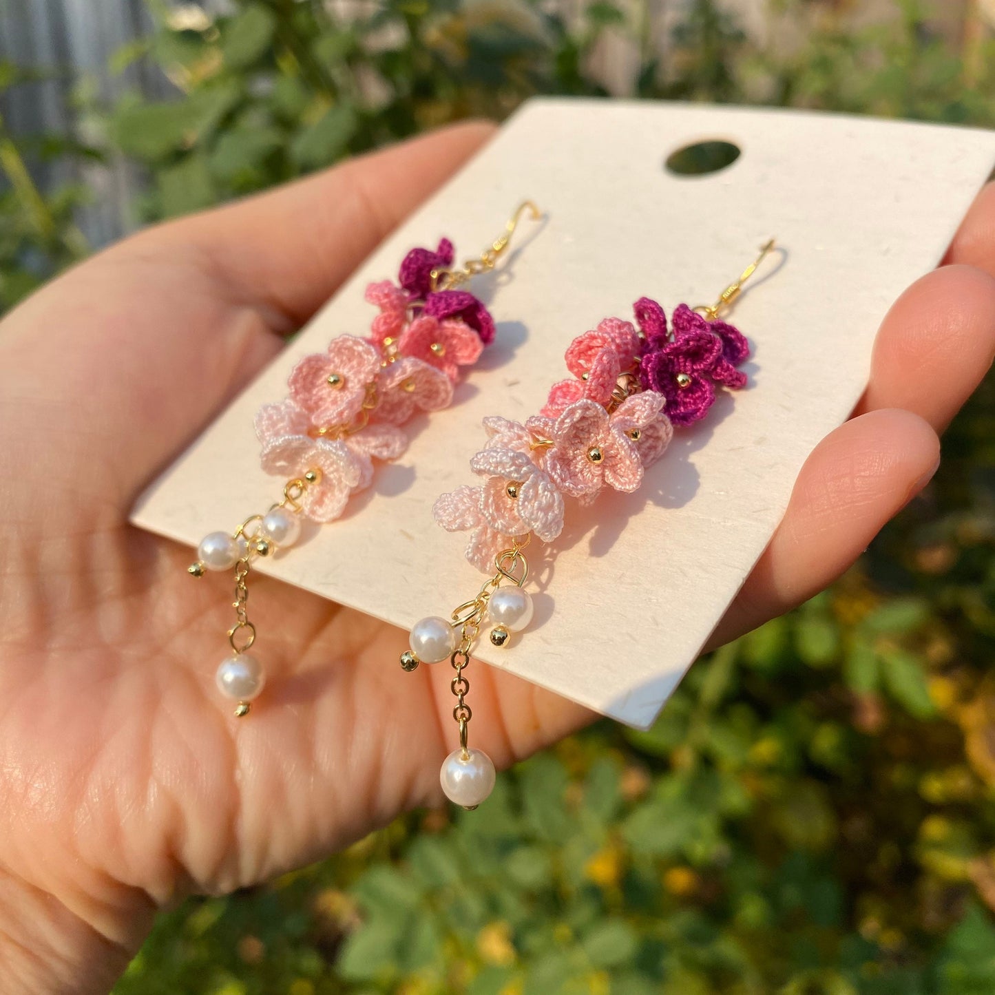 4 shades of Pink ombre flower cluster crochet dangle earrings/Microcrochet/14k gold/gift for her/Knitting handmade jewelry