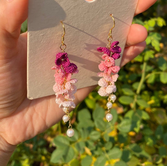 4 shades of Pink ombre flower cluster crochet dangle earrings/Microcrochet/14k gold/gift for her/Knitting handmade jewelry