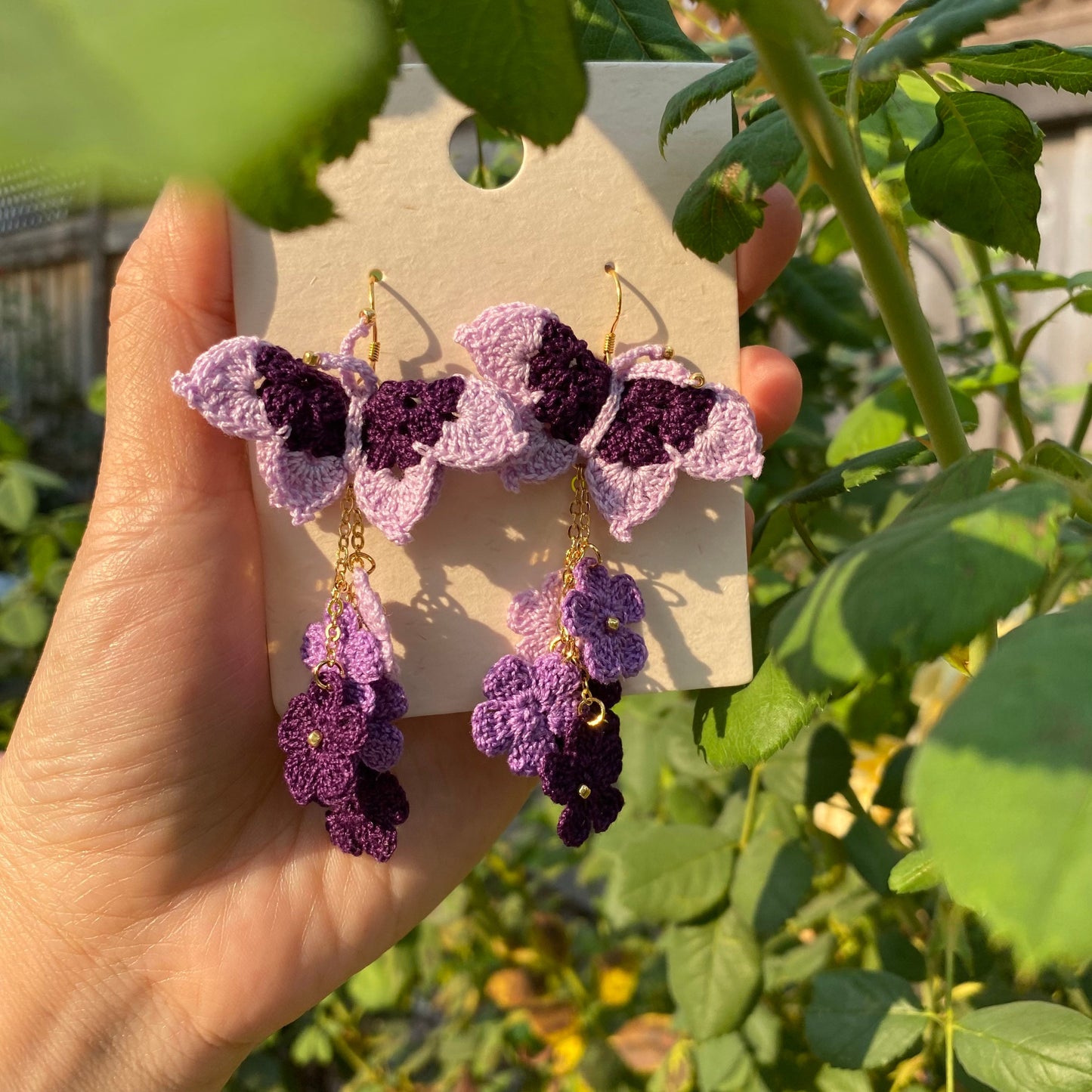 Multicolor Purple shades ombre Butterfly with flower cluster crochet dangle earrings/Microcrochet/gift for her/Knitting handmade jewelry