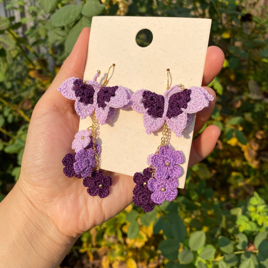 Multicolor Purple shades ombre Butterfly with flower cluster crochet dangle earrings/Microcrochet/gift for her/Knitting handmade jewelry