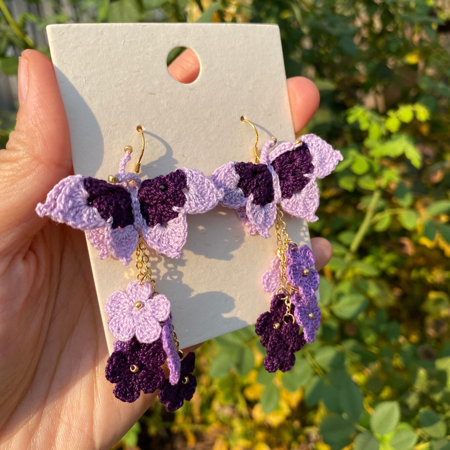 Multicolor Purple shades ombre Butterfly with flower cluster crochet dangle earrings/Microcrochet/gift for her/Knitting handmade jewelry