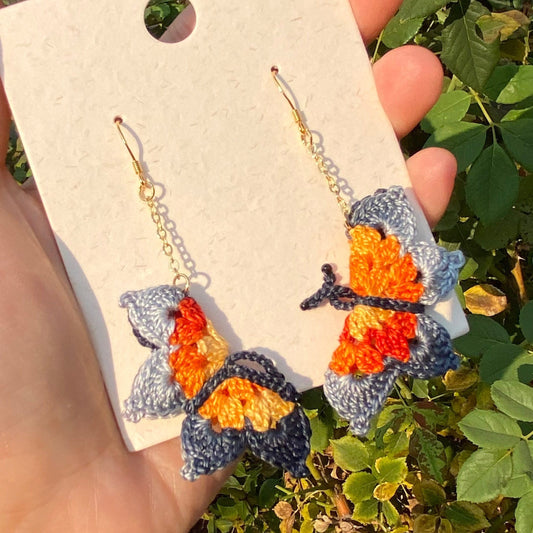 Orange and gray shades ombre Butterfly crochet dangle earrings/Microcrochet/gift for her/Knitting handmade jewelry/Butterfly garden present