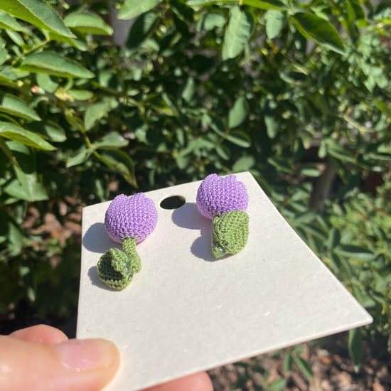 Purple tulip 3D shaped Amigurumi crochet stud earrings/Microcrochet/Purple flower knitting/gift for her/Ship from US