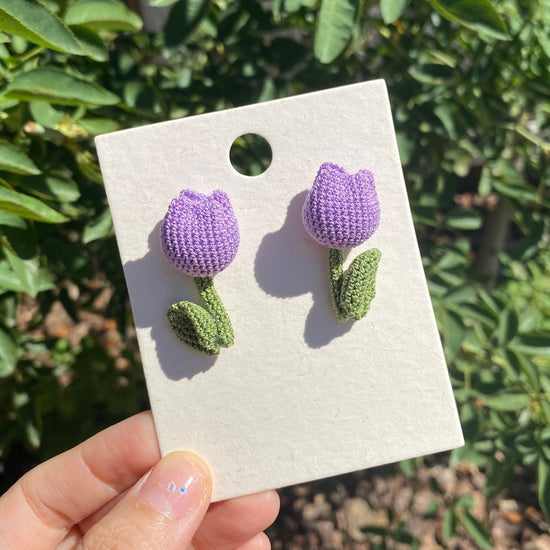 Purple tulip 3D shaped Amigurumi crochet stud earrings/Microcrochet/Purple flower knitting/gift for her/Ship from US