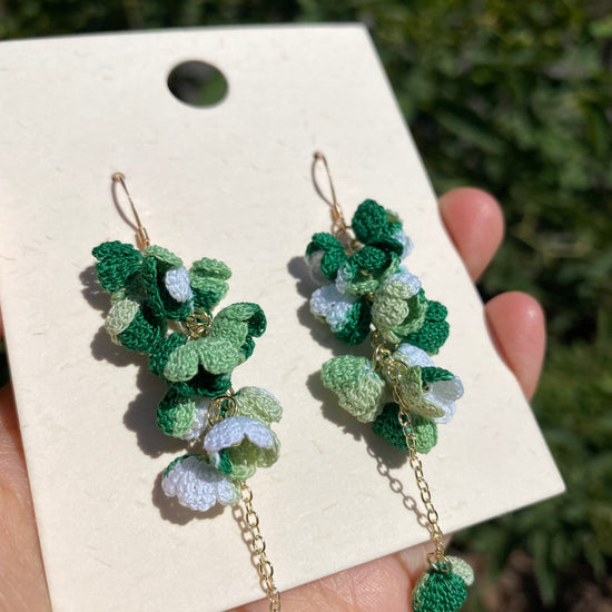 Green Ombre flower cluster crochet dangle earrings/Microcrochet/14k gold/gift for her/Knitting handmade jewelry