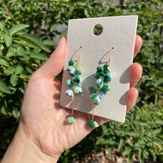 Green Ombre flower cluster crochet dangle earrings/Microcrochet/14k gold/gift for her/Knitting handmade jewelry