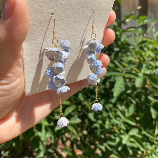 Load image into Gallery viewer, Foggy blue Ombre flower cluster crochet dangle earrings/Microcrochet/14k gold/gift for her/Knitting handmade jewelry
