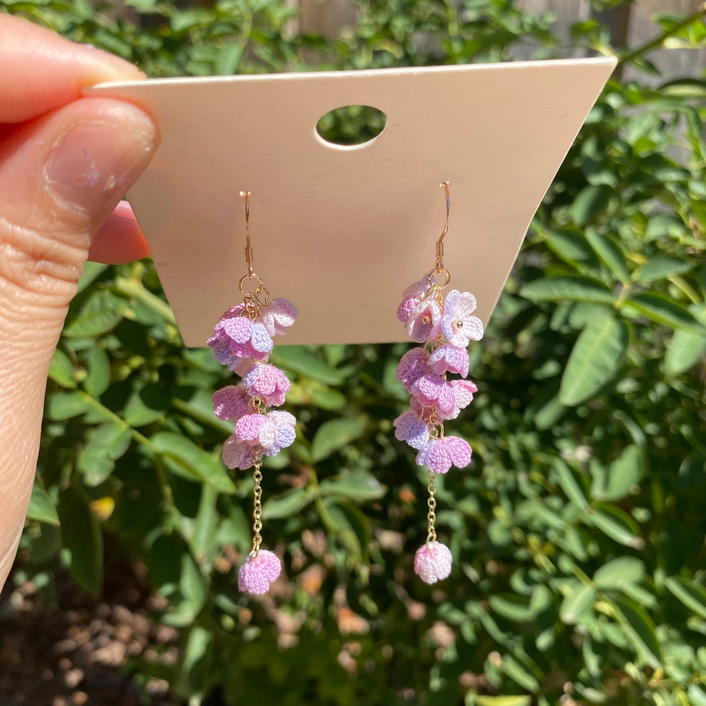 Purple Pink Ombre flower cluster crochet dangle earrings/Microcrochet/14k gold/gift for her/Knitting handmade jewelry