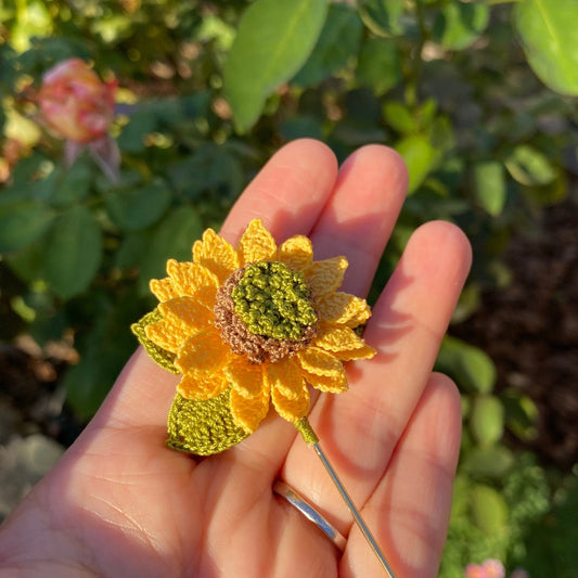 Yellow sunflower crochet brooch/Micro crochet /Handmade embroidery jewelry/gift for her birthday wedding anniversary