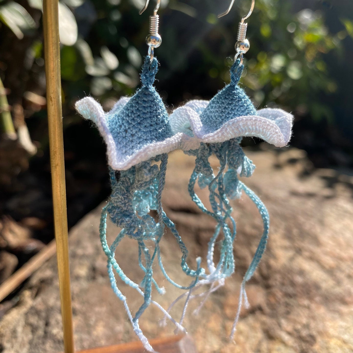 Blue ombre Jellyfish crochet hoop earrings/Microcrochet/dangle light weight/ 925s sterling silver jewelry/Unique gift for her/Ship from US