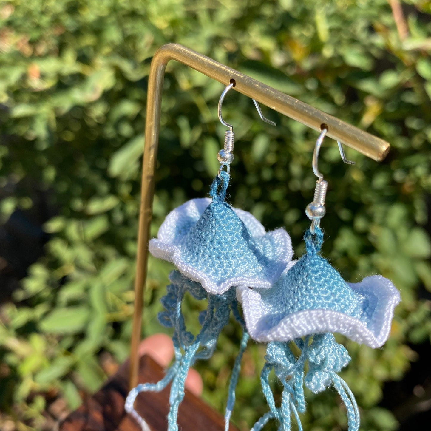 Blue ombre Jellyfish crochet hoop earrings/Microcrochet/dangle light weight/ 925s sterling silver jewelry/Unique gift for her/Ship from US