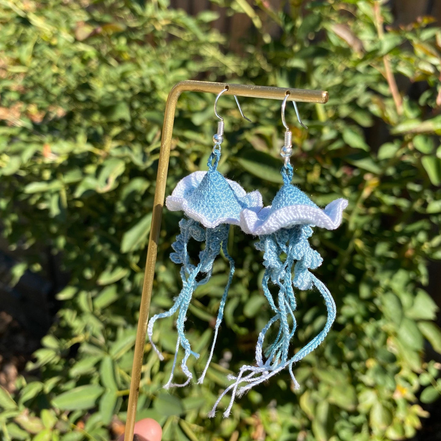 Blue ombre Jellyfish crochet hoop earrings/Microcrochet/dangle light weight/ 925s sterling silver jewelry/Unique gift for her/Ship from US