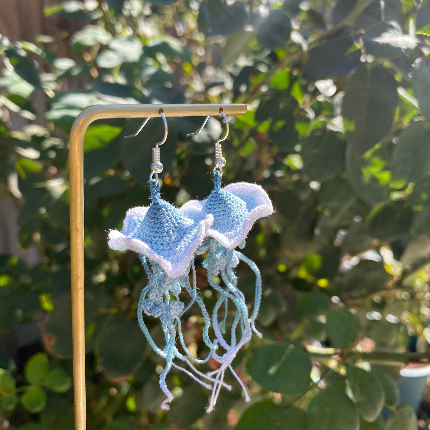 Blue ombre Jellyfish crochet hoop earrings/Microcrochet/dangle light weight/ 925s sterling silver jewelry/Unique gift for her/Ship from US