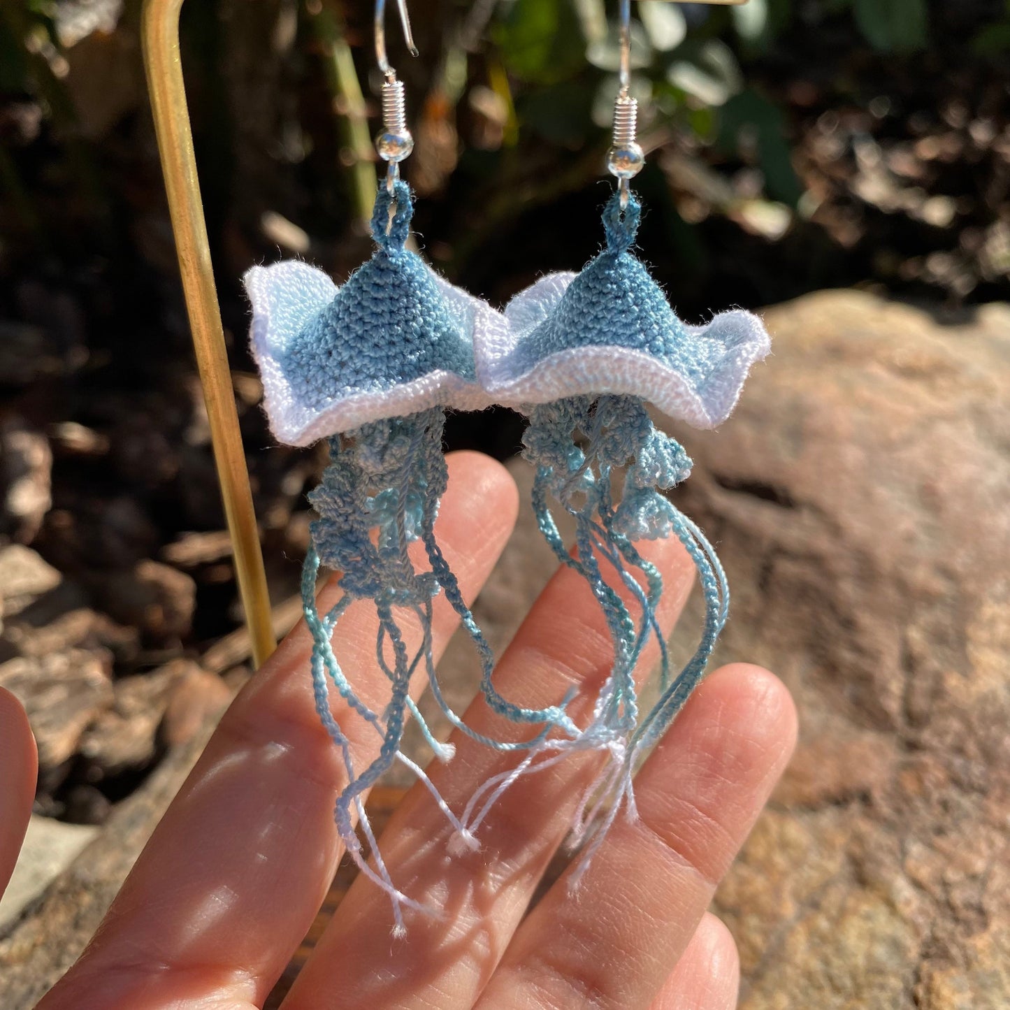 Blue ombre Jellyfish crochet hoop earrings/Microcrochet/dangle light weight/ 925s sterling silver jewelry/Unique gift for her/Ship from US