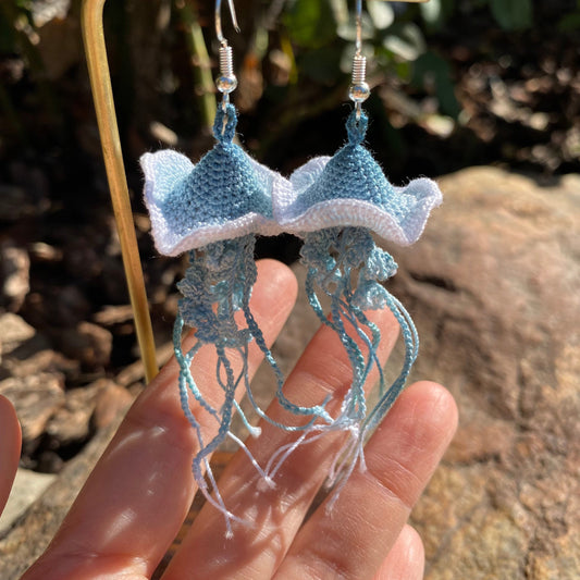 Blue ombre Jellyfish crochet hoop earrings/Microcrochet/dangle light weight/ 925s sterling silver jewelry/Unique gift for her/Ship from US