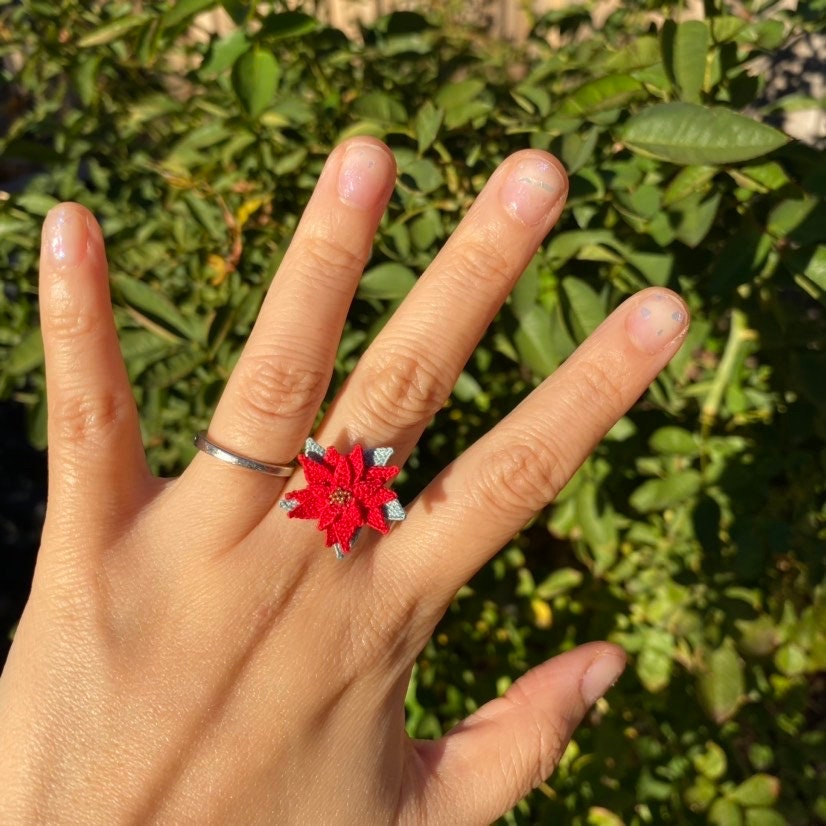 Red Poinsettia flower crochet Ring/Microcrochet/14k gold metal ring/Christmas holiday flower gift for her/Knitting handmade jewelry