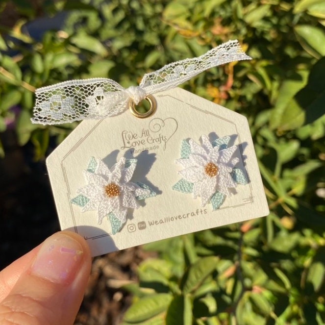 White Poinsettia flower Studs/Microcrochet/14k gold earrings/fall flower gift for her/Knitting handmade jewelry