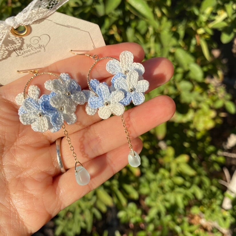 Blue ombre flower ring crochet dangle earrings/Microcrochet/14k gold/gift for her/Knitting handmade jewelry