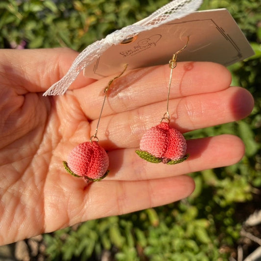 Pink cute Peach crochet dangled earrings/Microcrochet/14k gold jewelry/Summer fruit gift for her/Ship from US