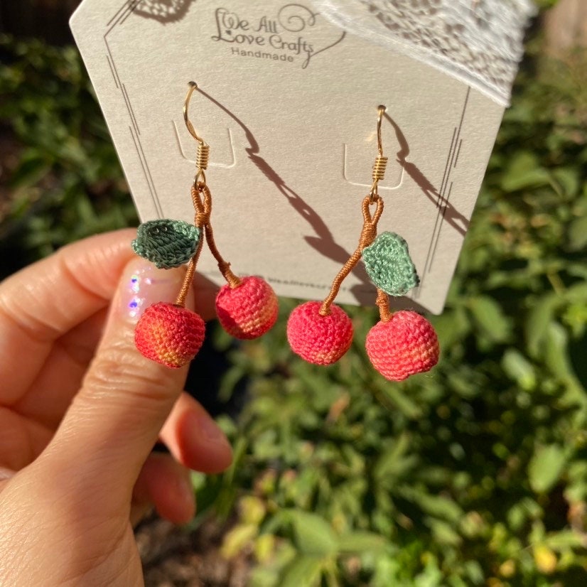 Cherry crochet dangled earrings/Microcrochet/14k gold jewelry/Summer fruit gift for her/Ship from US