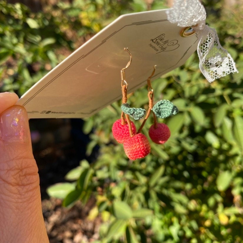 Cherry crochet dangled earrings/Microcrochet/14k gold jewelry/Summer fruit gift for her/Ship from US