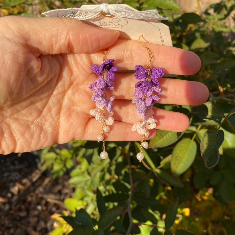 4 shades of Purple ombre flower cluster crochet dangle earrings/Microcrochet/14k gold/gift for her/Knitting handmade jewelry