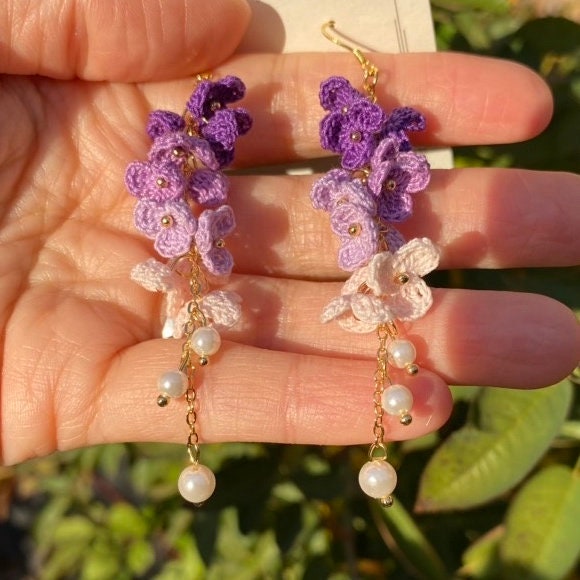 4 shades of Purple ombre flower cluster crochet dangle earrings/Microcrochet/14k gold/gift for her/Knitting handmade jewelry