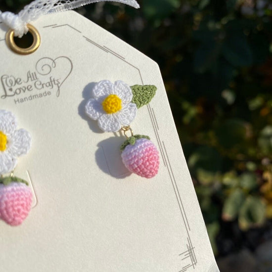 Pink Strawberry flower crochet stud earrings/Microcrochet/14k gold jewelry/Summer fruit gift for her/Ship from US