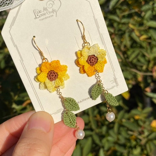 Yellow Ombre Sunflower dangle earrings/Microcrochet/14k gold/fall flower gift for her/Knitting handmade jewelry/Ship from US