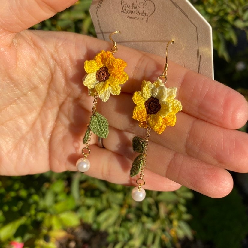 Yellow Ombre Sunflower dangle earrings/Microcrochet/14k gold/fall flower gift for her/Knitting handmade jewelry/Ship from US