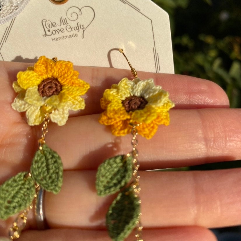 Yellow Ombre Sunflower dangle earrings/Microcrochet/14k gold/fall flower gift for her/Knitting handmade jewelry/Ship from US