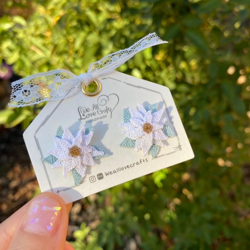 White Poinsettia flower Studs/Microcrochet/14k gold earrings/fall flower gift for her/Knitting handmade jewelry