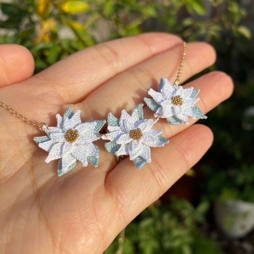 White Poinsettia flower necklace for Christmas/Microcrochet/14k gold/winter jewelry for her/Knitting handmade