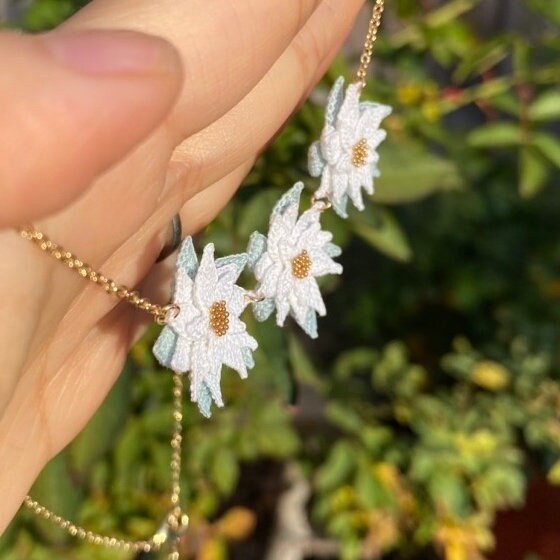 White Poinsettia flower necklace for Christmas/Microcrochet/14k gold/winter jewelry for her/Knitting handmade