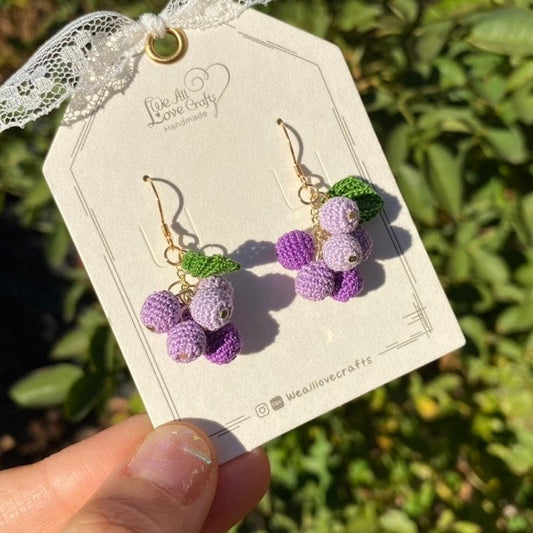 Purple grapes with leaf crochet dangled earrings/Microcrochet/14k gold jewelry/Summer fruit gift for her/Ship from US