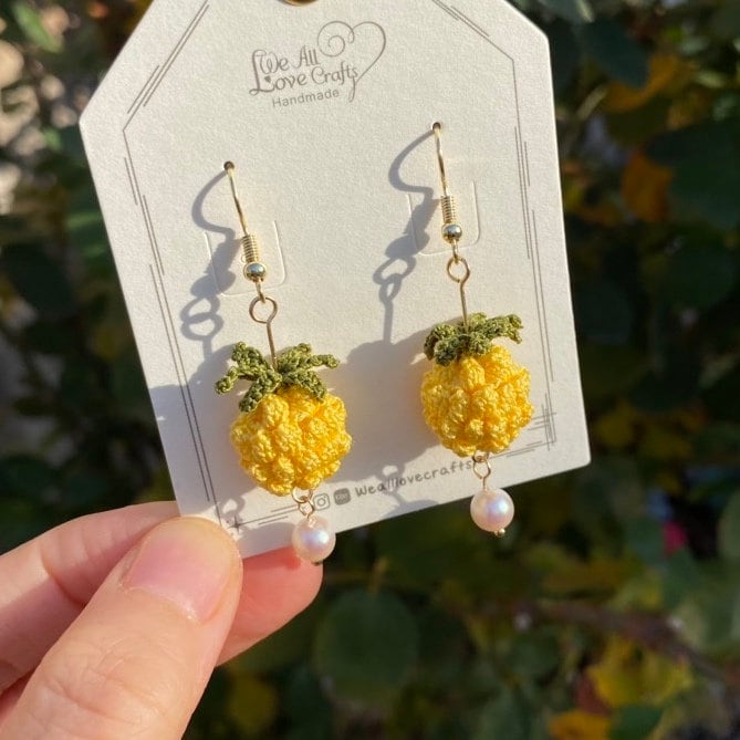 Pineapple crochet dangled Asymmetrical earrings/Microcrochet/14k gold jewelry/Summer tropical fruit and vegetable gift for her/Ship from US