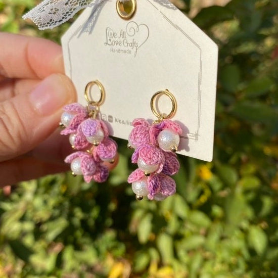 Purple Pink Ombre flower cluster with pearl beads crochet dangle earrings/Microcrochet/14k gold/gift for her/Knitting handmade jewelry