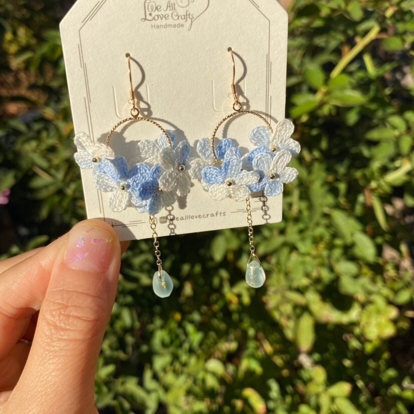 Blue ombre flower ring crochet dangle earrings/Microcrochet/14k gold/gift for her/Knitting handmade jewelry