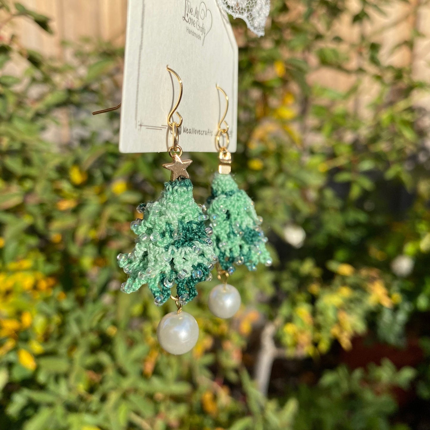 Load image into Gallery viewer, Christmas tree Lace with beads crochet dangle earrings/Microcrochet/Holiday gift for her/Knitting handmade jewelry
